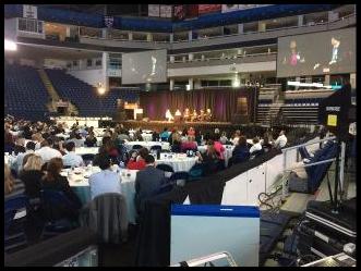 Luncheon on the floor of the Bridgeport Arena at Harbor Yard, lighting and sound support for an indoor audience of 1000